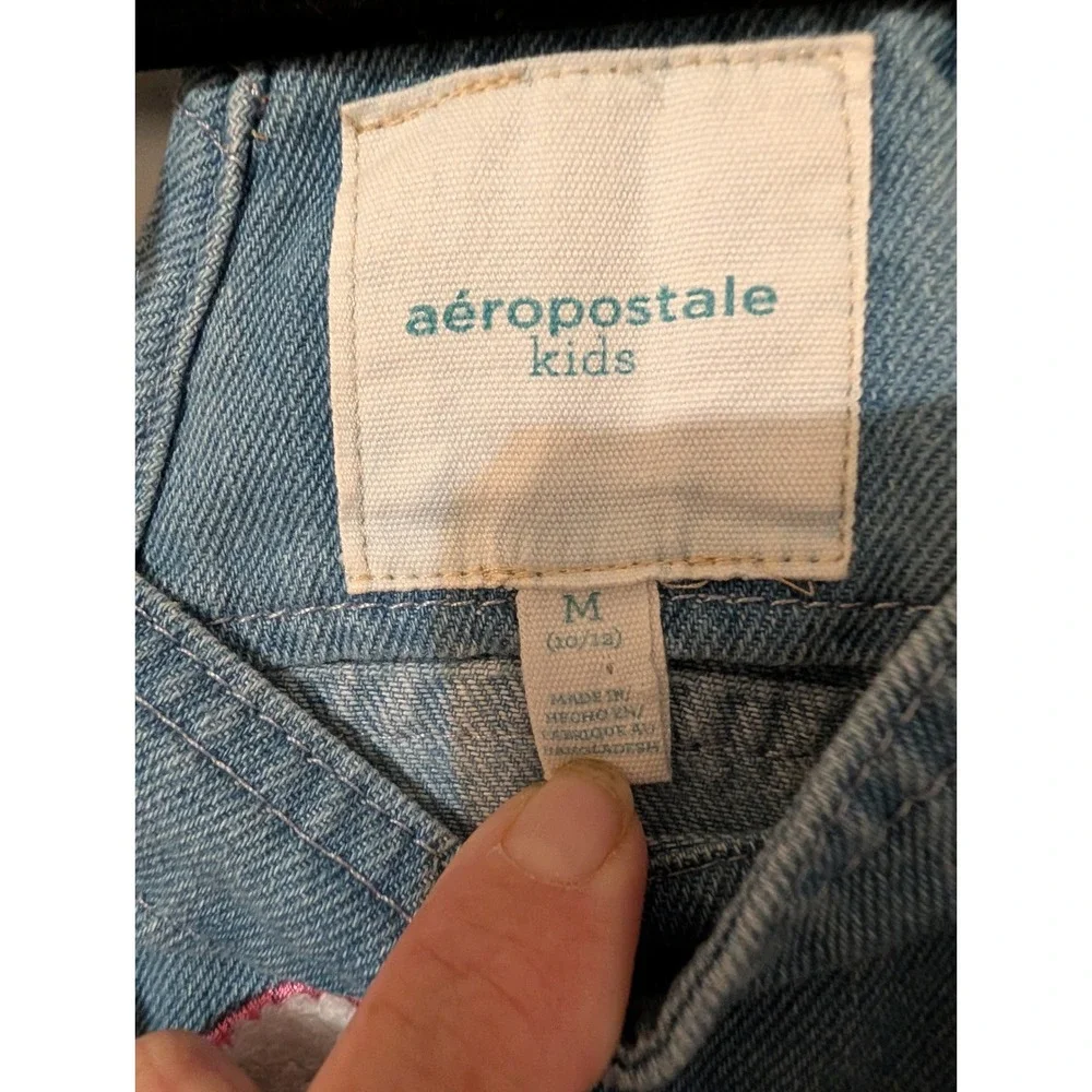 Aeropostale Kids Denim Overall Dress Light Wash Chenille Aero Patch Blue Size M